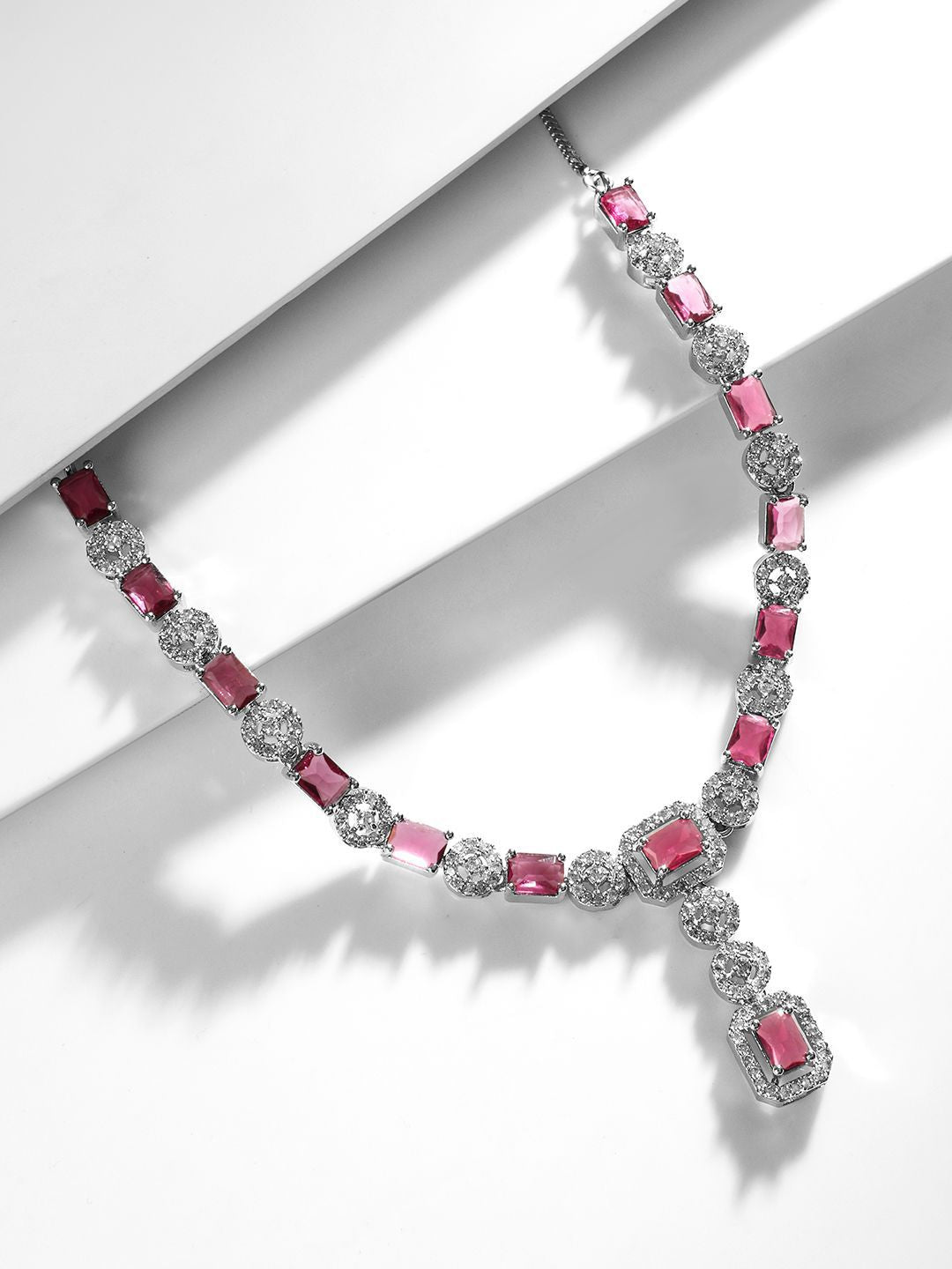 Dhiyona RJ Women's Rhodium Plated Ruby & Cubic Zicronia Studded Premium Drop Jewellery Set
