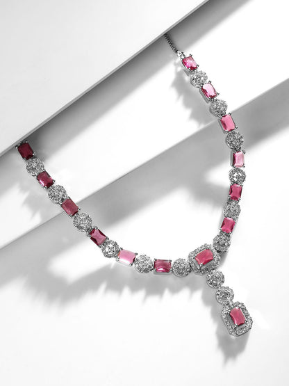 Dhiyona RJ Women's Rhodium Plated Ruby & Cubic Zicronia Studded Premium Drop Jewellery Set