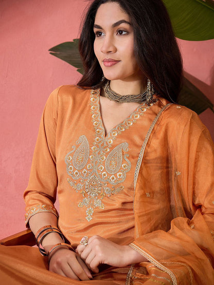 Dhiyona SN Women's Zari Sequence Embroidered Kurta Trouser With Dupatta