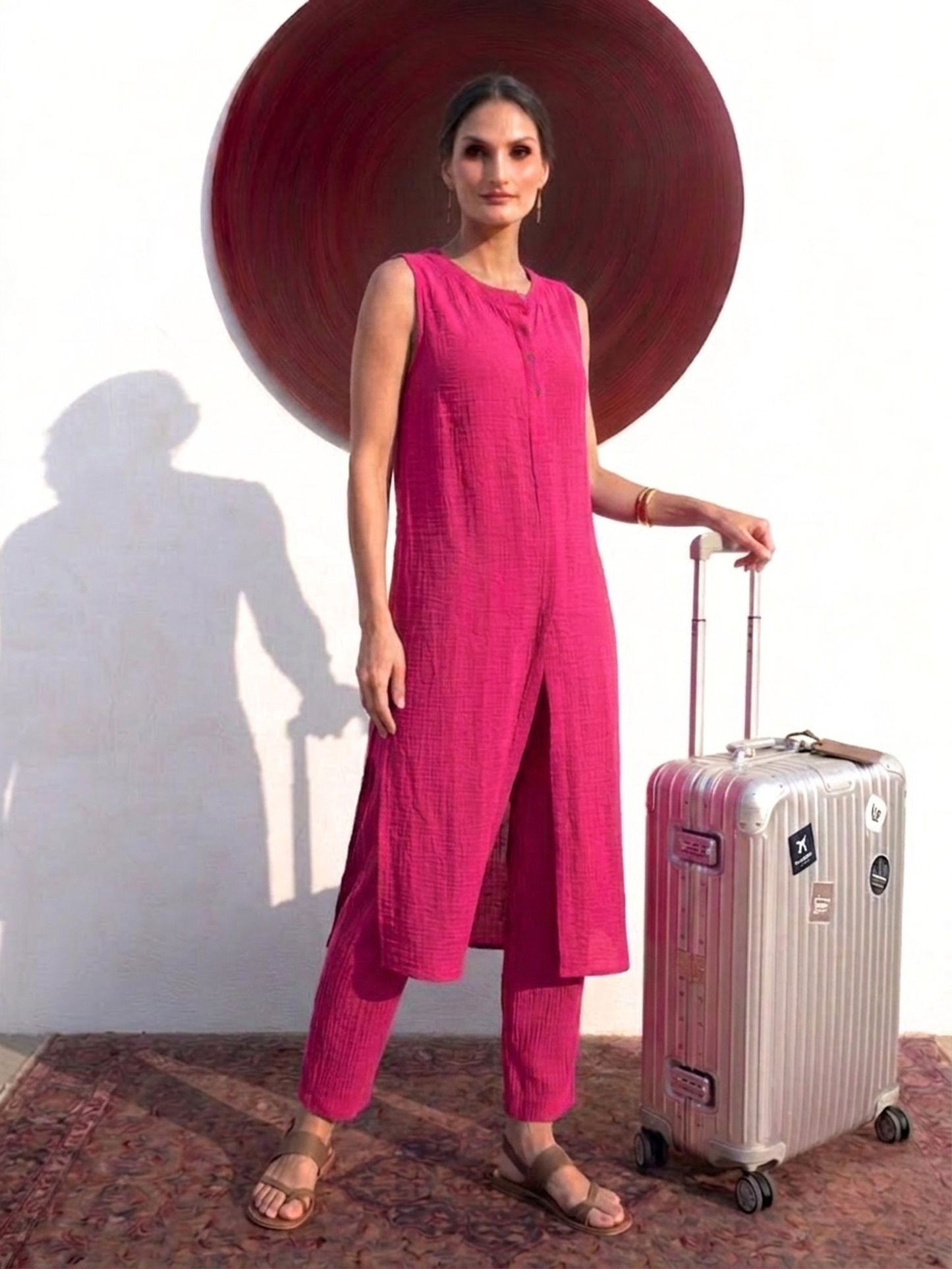 Dhiyona ST Swtantra Fuschia Easy Addictive Travel Airflow Sleeveless Kurta and Pant Set
