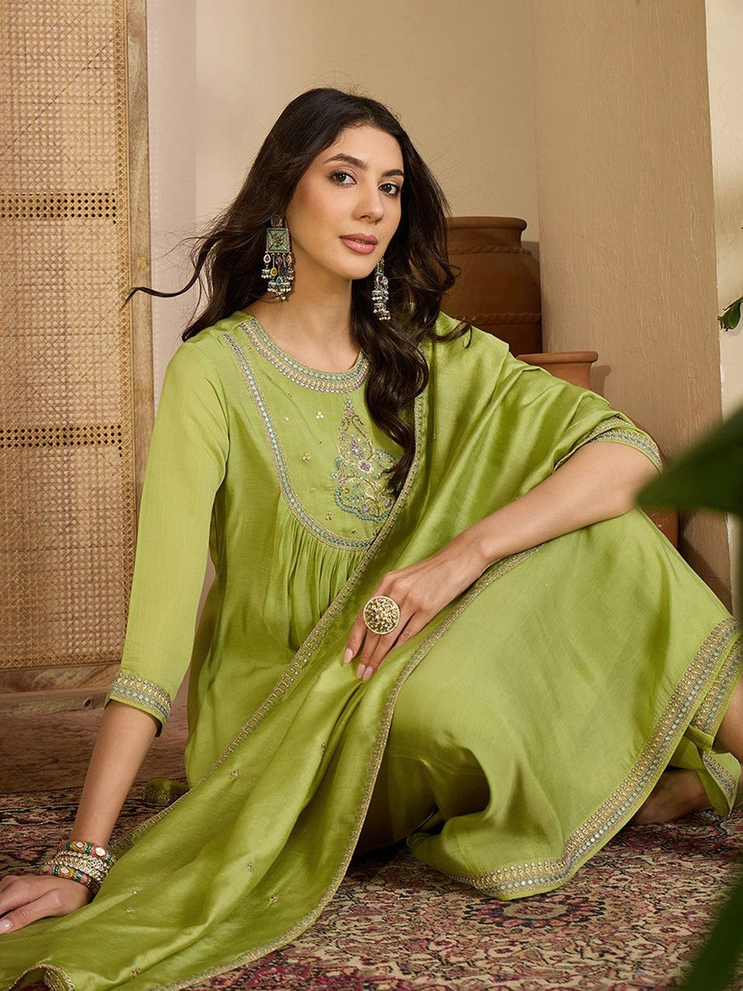 Zari Sequence Thread Embroidered Kurta With Trousers & Dupatta