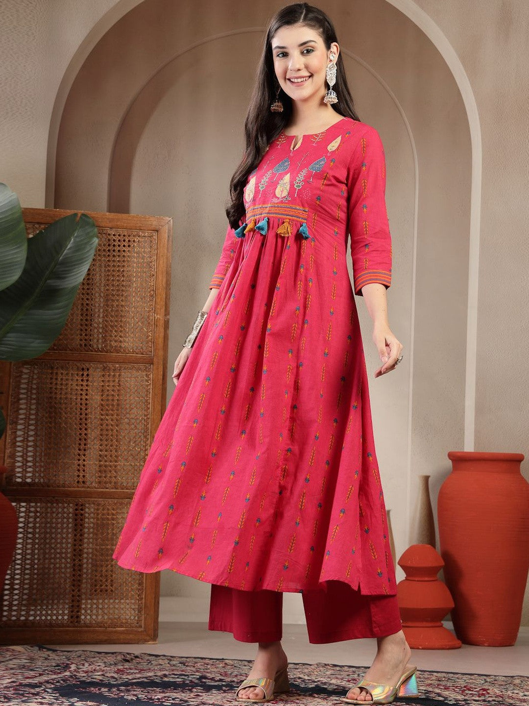 Printed Round Neck Kurta & Palazzos Kurta Set