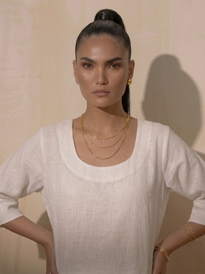 Dhiyona ST Swtantra White Linen Round Neck Elbow Sleeve Kurta with Pants