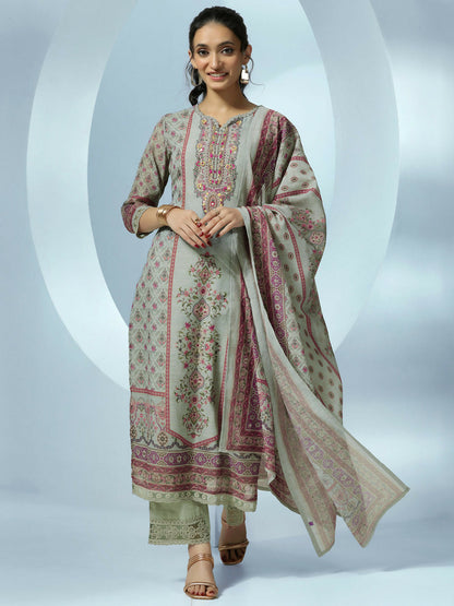 Women's LB Grey Printed Linen Straight Suit With Dupatta