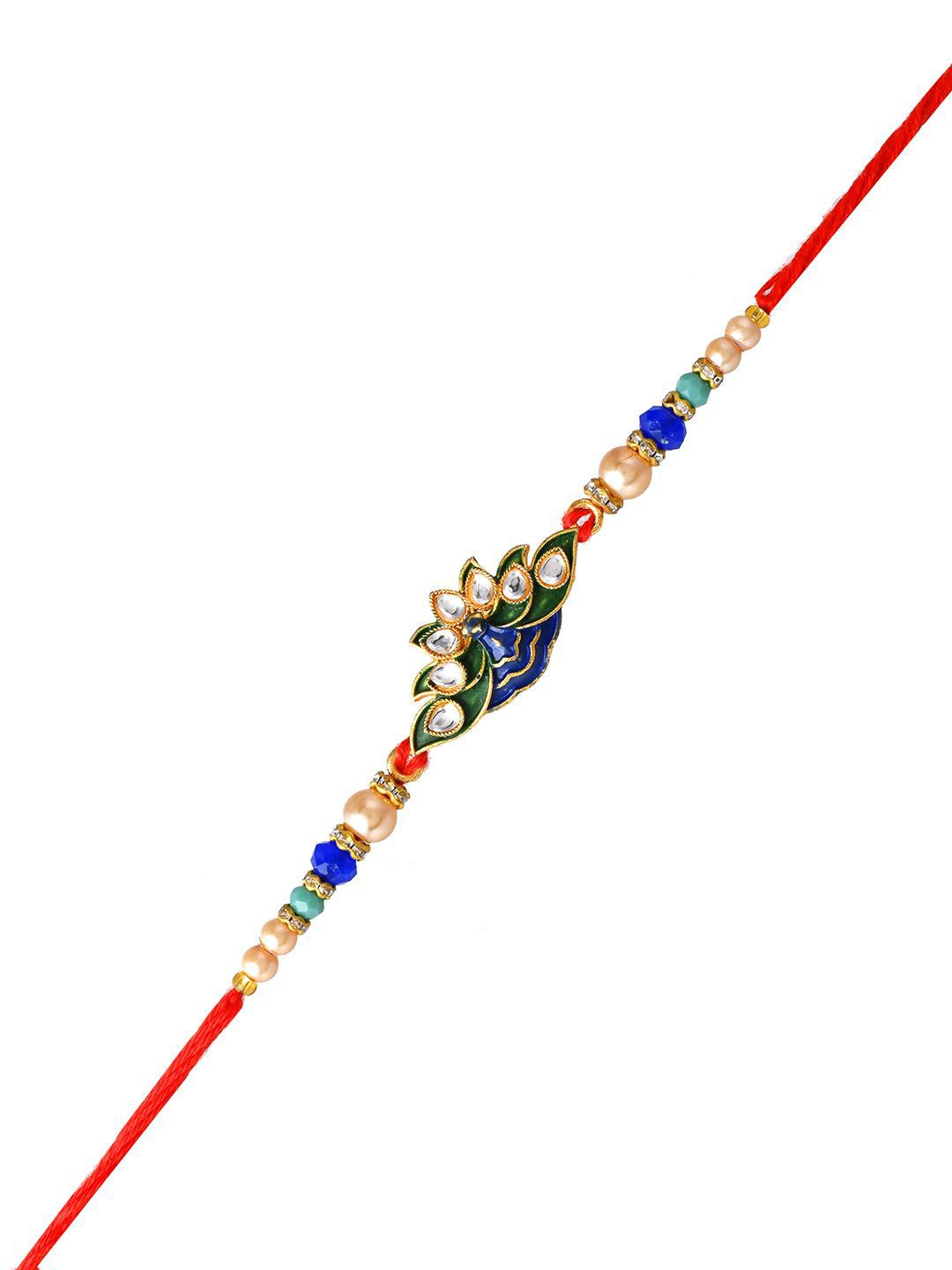 Dhiyona Blue Peacock Enamled Beaded Rakhi With Roli Chawal & Greeting Card