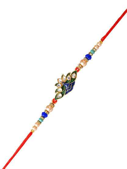 Dhiyona Blue Peacock Enamled Beaded Rakhi With Roli Chawal & Greeting Card