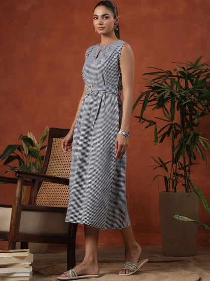 Dhiyona AY Women's Checked Cotton A-Line Midi Dress With Belt