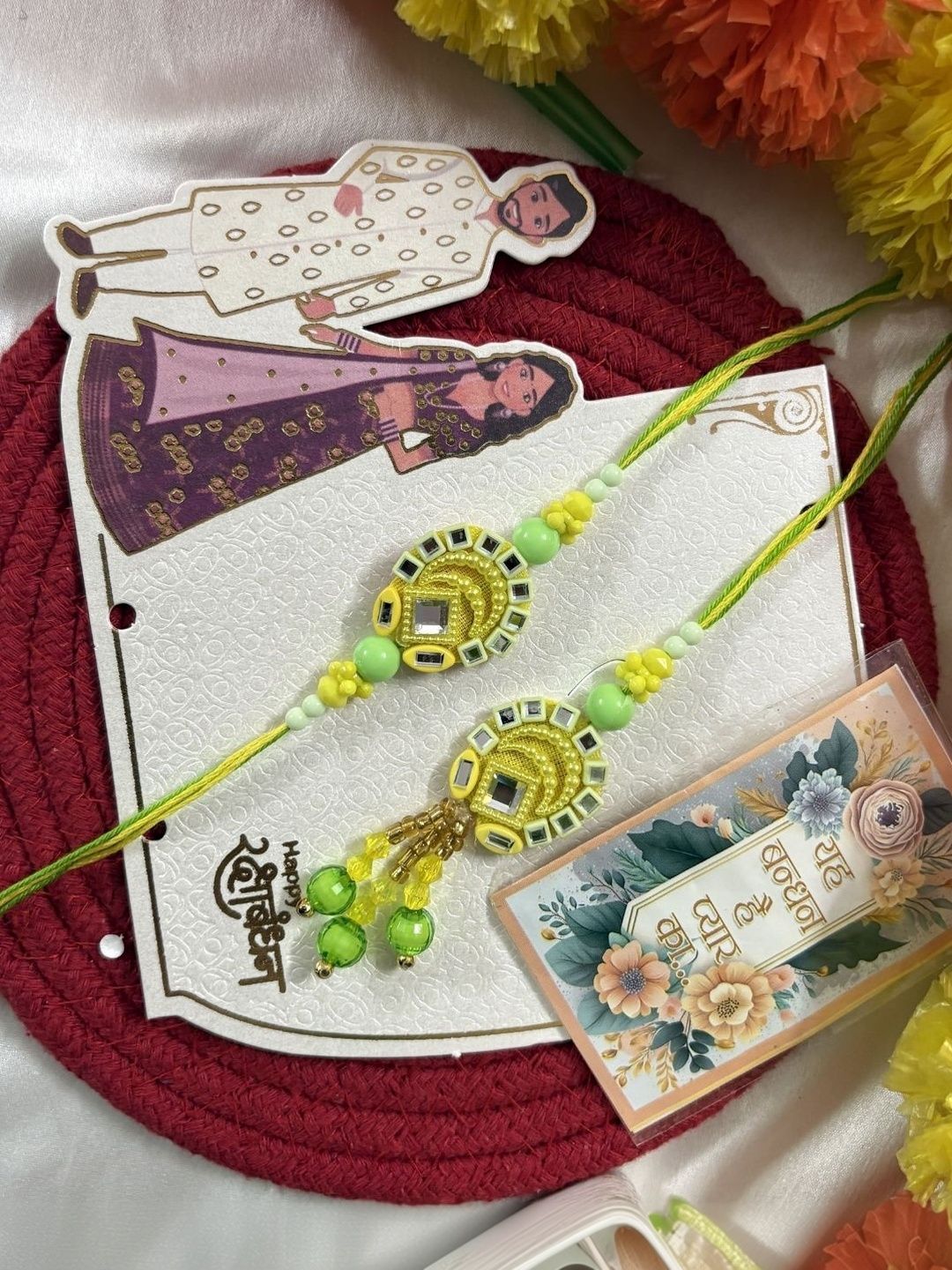 Dhiyona Set Of 2 Artificial Beads Mirror Work Bhaiya Bhabhi Rakhi With Roli Chawal Chandan