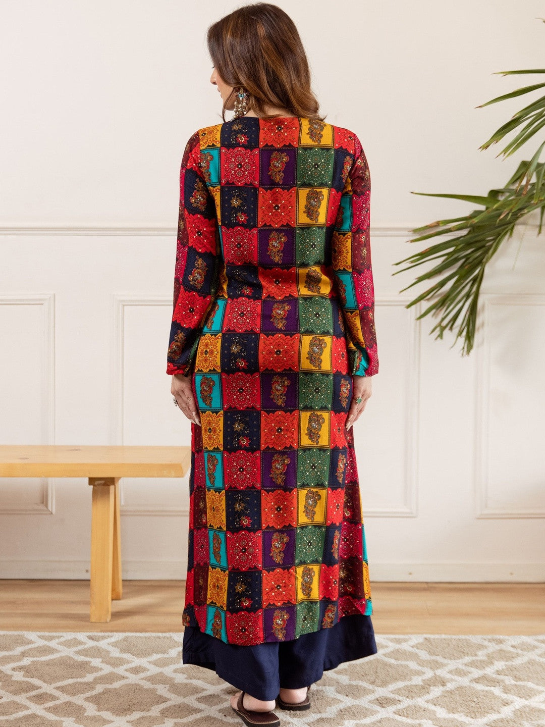 Ethnic Motifs Printed Thread Work Tie-Up Neck Straight Kurta With Palazzos