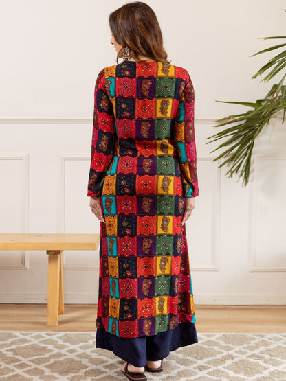 Ethnic Motifs Printed Thread Work Tie-Up Neck Straight Kurta With Palazzos