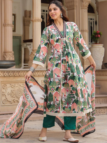 Dhiyona RR Women's Floral Printed Cotton Anarkali Kurta with Trousers & Dupatta
