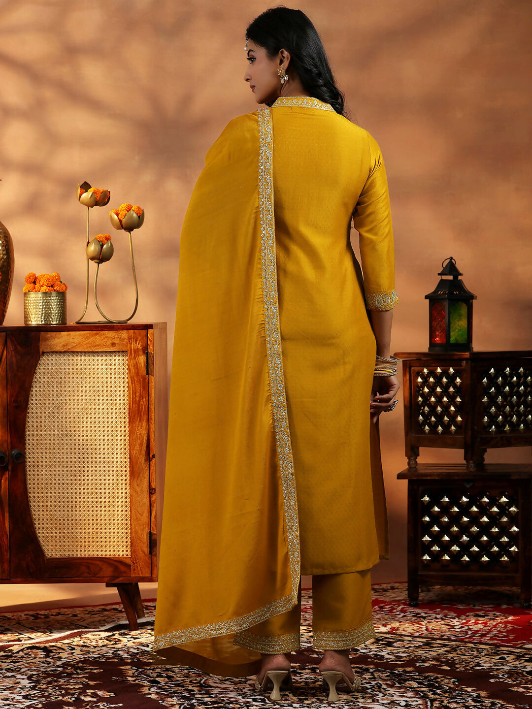 Women's LB Mustard Yoke Design Silk Blend A-Line Kurta With Palazzos & Dupatta