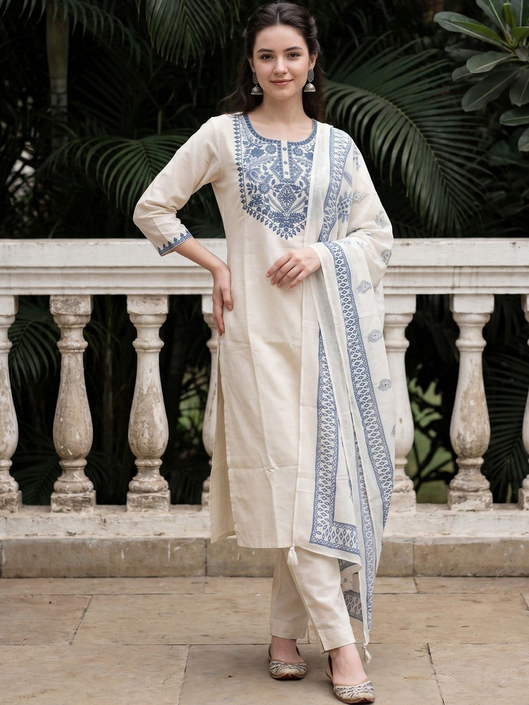 Women Ethnic Motifs Embroidered Regular Mirror Work Pure Cotton Kurta with Trousers & With Dupatta