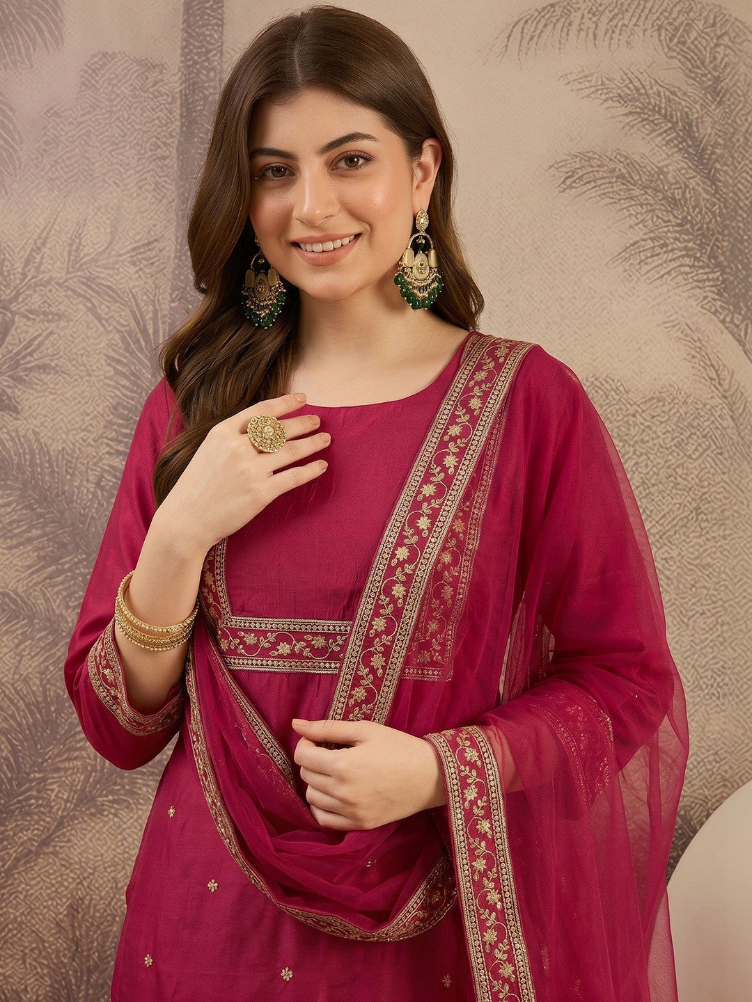 Embroidered Round Neck Kurta & Trousers With Dupatta Set