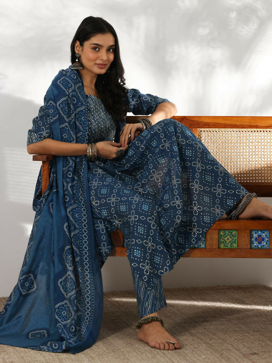 Women's LB Blue Printed Silk Blend A-Line Kurta With Trousers & Dupatta