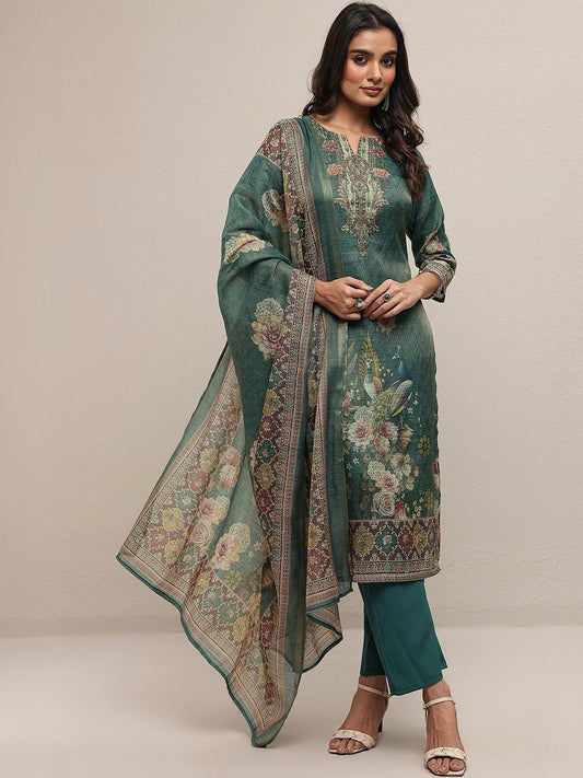 Women Floral Printed Regular Thread Work Kurta with Trousers & With Dupatta