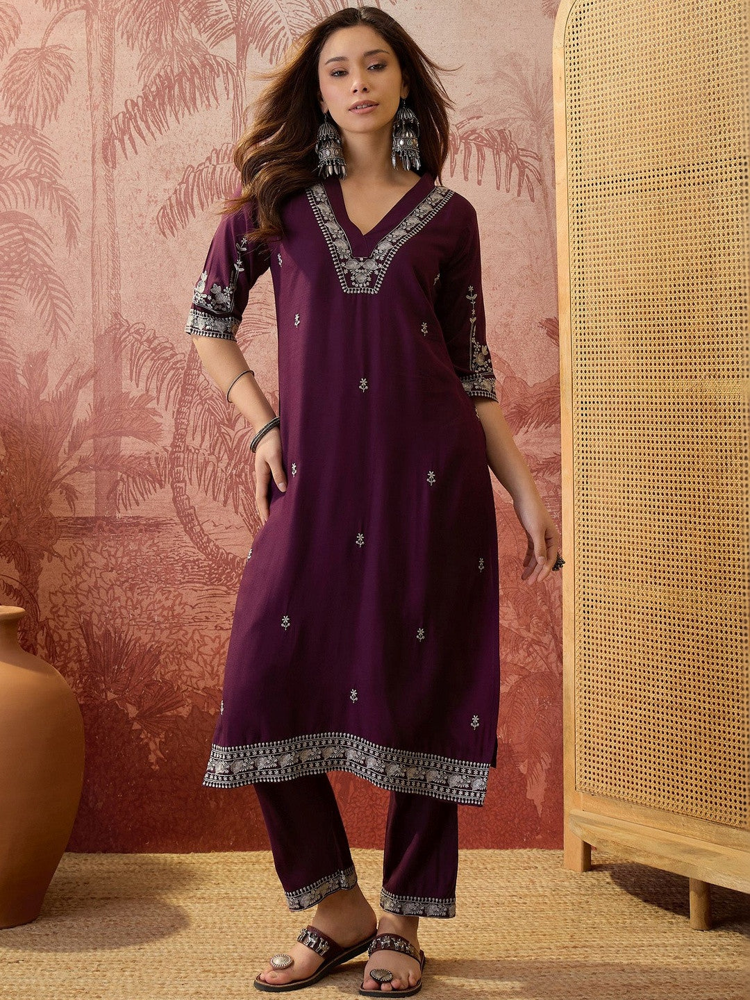 Embroidered V-Neck Kurta Sets