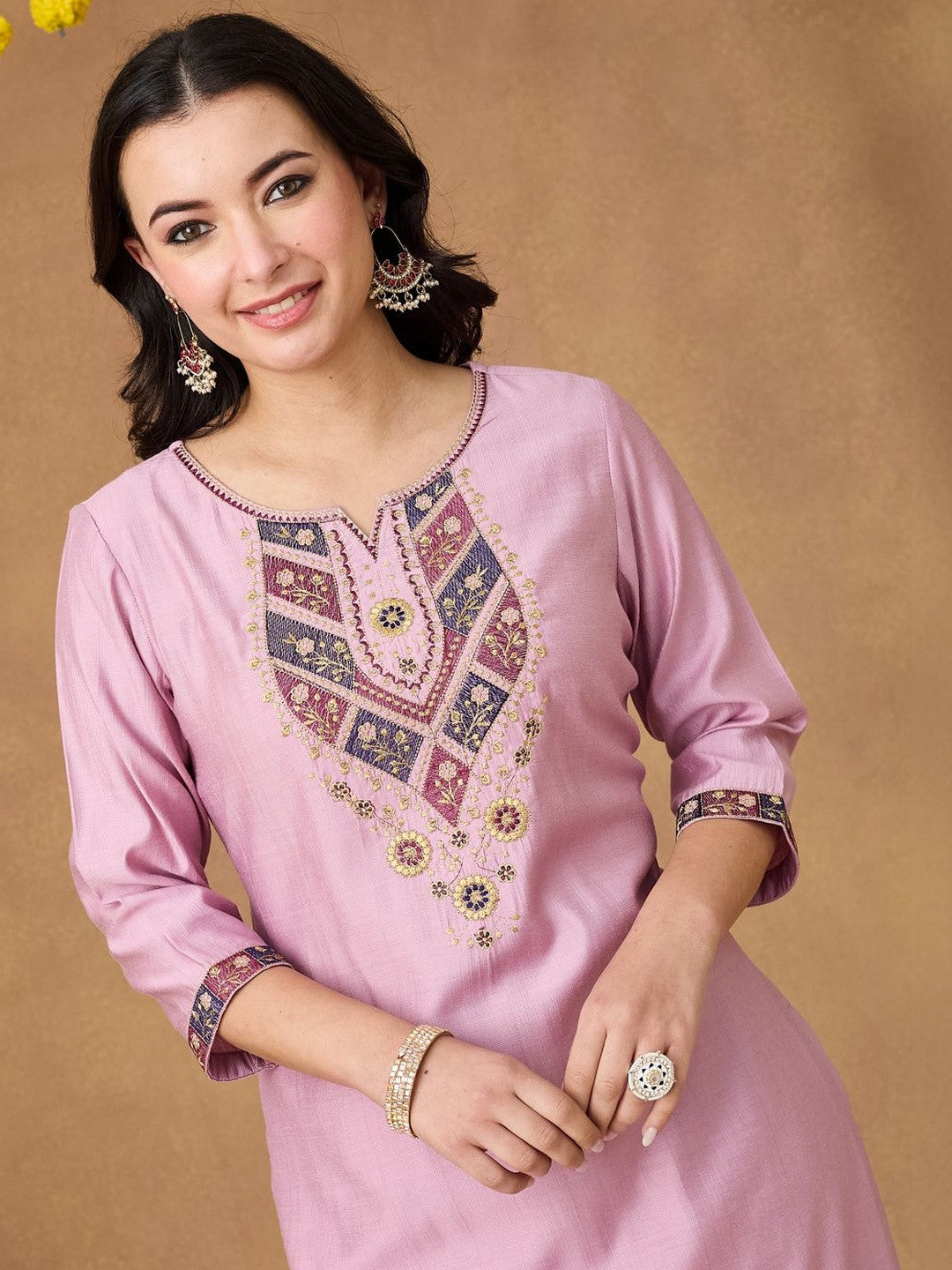 Embroidered Round Neck Kurta & Trousers With Dupatta