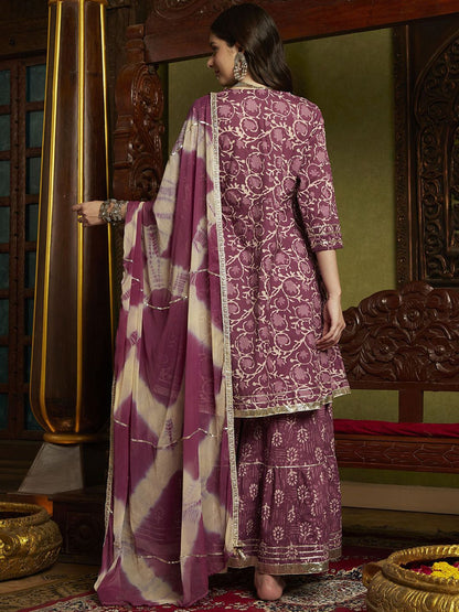 Dhiyona SN Women's Floral Printed Pleated Mirror Work Pure Cotton Kurta with Sharara & Dupatta