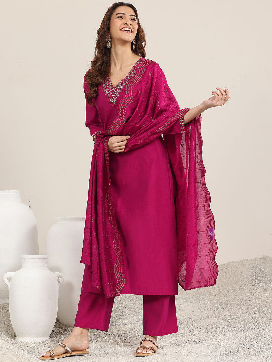 Ethnic Motifs Yoke Design Straight Sequinned Kurta With Trousers & Dupatta