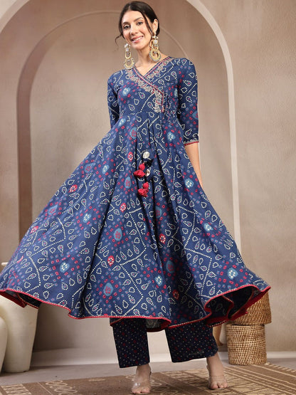 Printed Cotton V-Neck Kurta & Palazzos With Dupatta