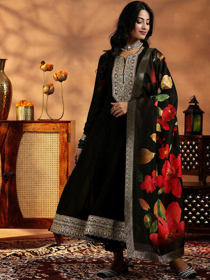 Women Floral Yoke Design Panelled Kurta with Trousers & With Dupatta
