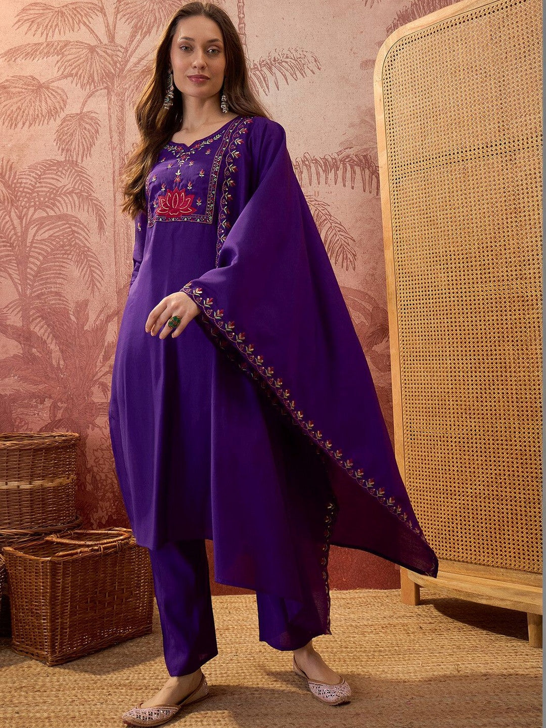 Dhiyona SN Embroidered Silk Blend Notched Neck Kurta & Trousers With Dupatta
