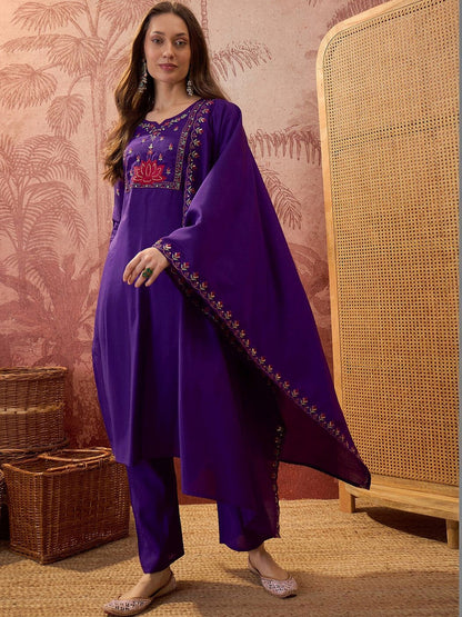 Embroidered Silk Blend Notched Neck Kurta & Trousers With Dupatta