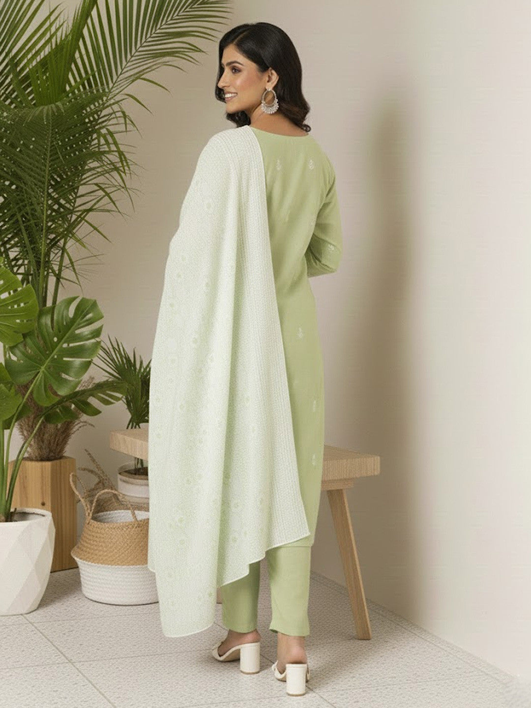 Embroidered V-Neck Kurta & Trousers With Dupatta