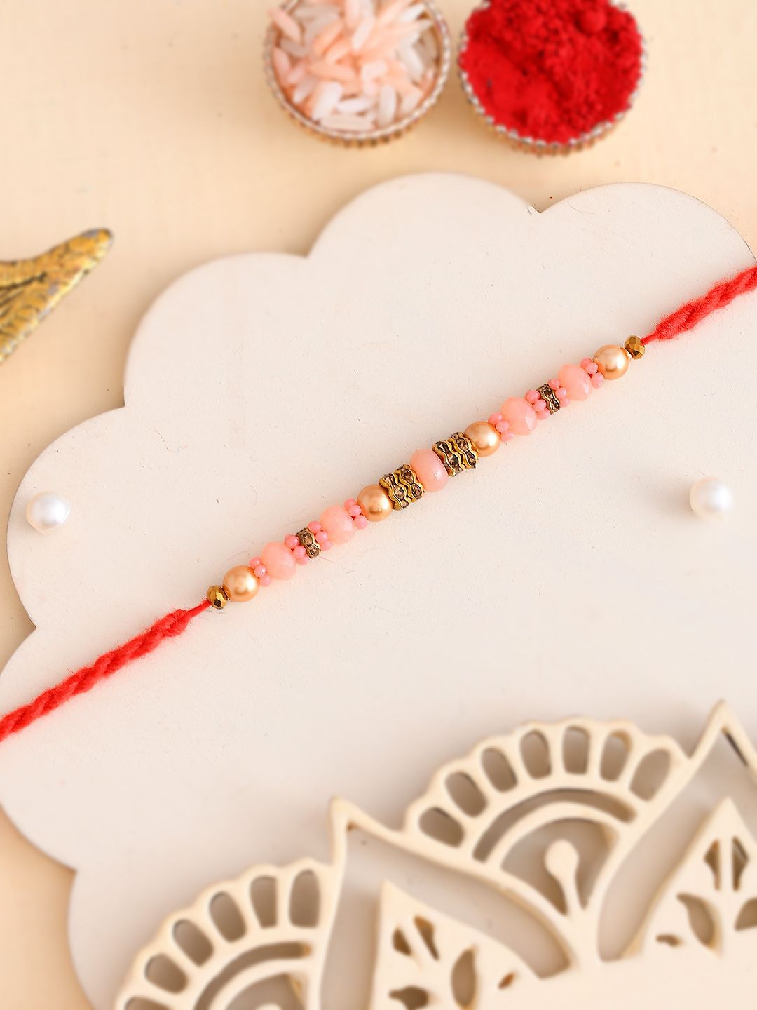 Dhiyona Beaded Twisted Thread Rakhi With Roli Chawal & Greetings Card
