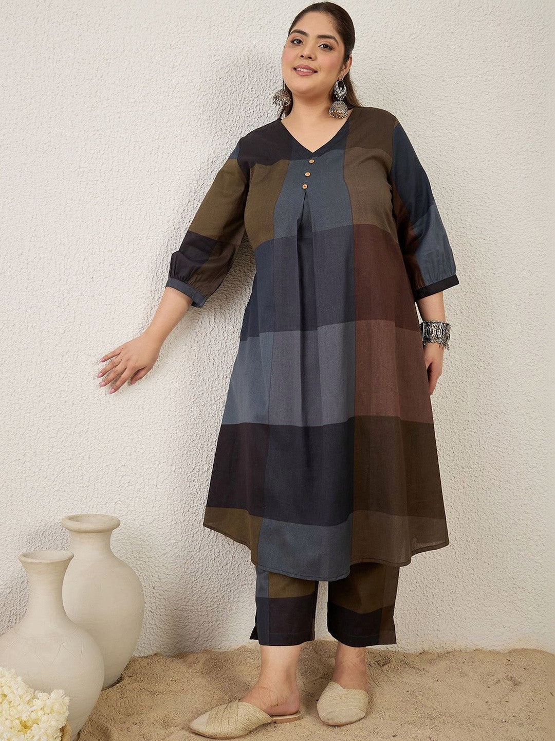Plus Size blocked Regular Pure Cotton Kurta with Trousers