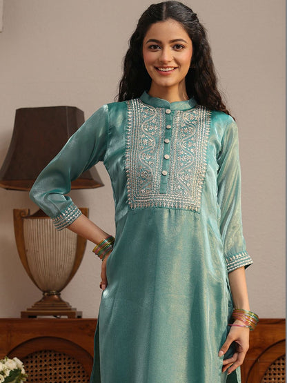 Libas Blue Yoke Design Tissue Straight Suit Set