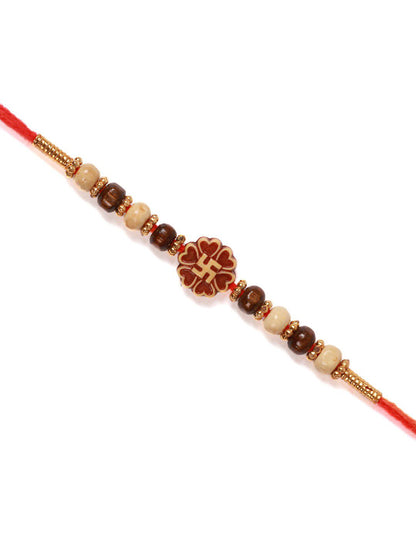 Dhiyona Unisex Red Swastik Charm & Beaded Rakhi With Roli Chawal & Greetings Card