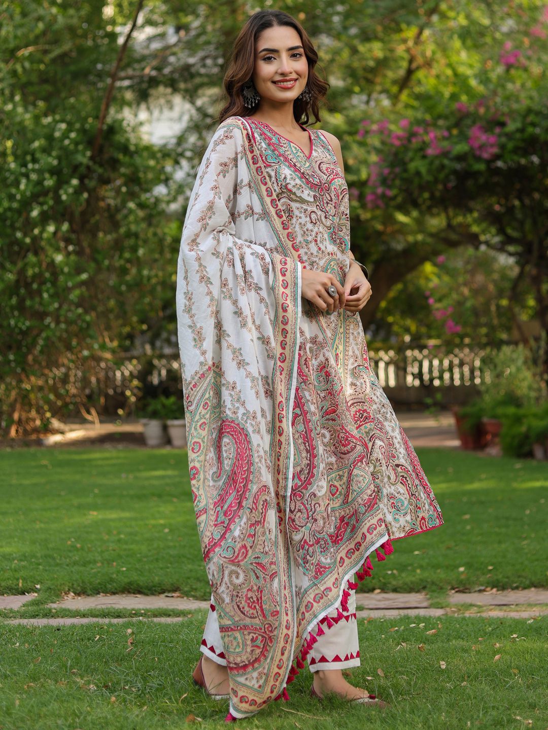 Dhiyona RR Women's Ethnic Printed Regular Pure Cotton Kurta With Trousers & Dupatta