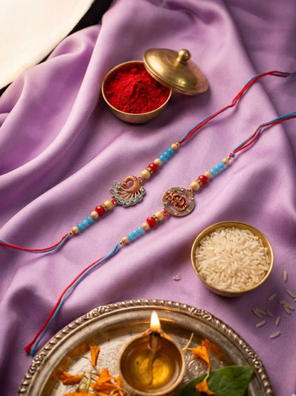 Anouk Set Of 2 Multicolor Artificial Beads Thread Rakhi With Roli Chawal Chandan Mishri