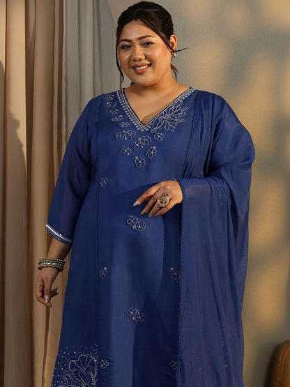 Dhiyona Women's Plus Size Ethnic Motifs Embroidered Kurta with Trouser & Dupatta
