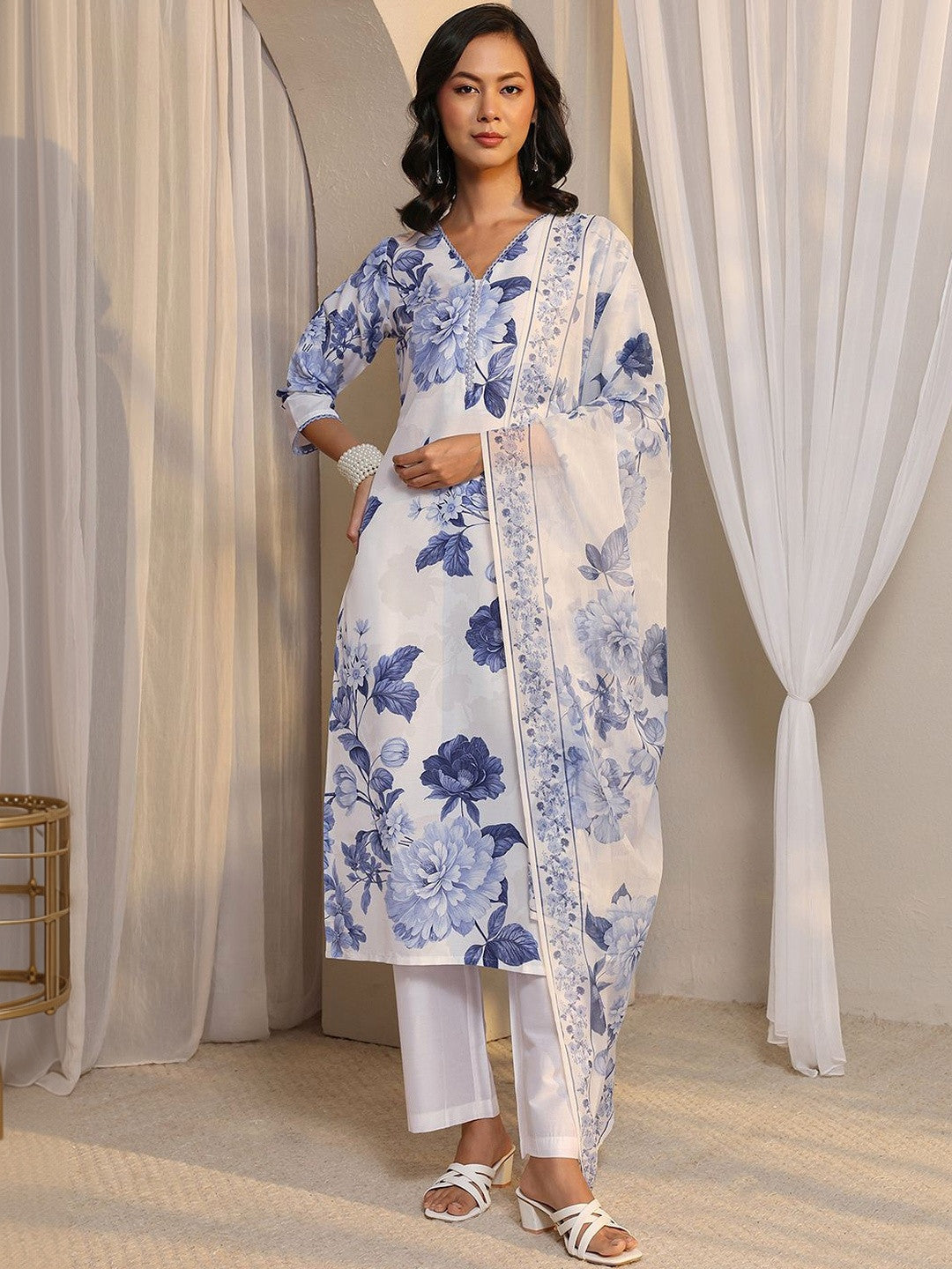 White Floral Printed Chanderi Silk Straight Suit Set with Dupatta