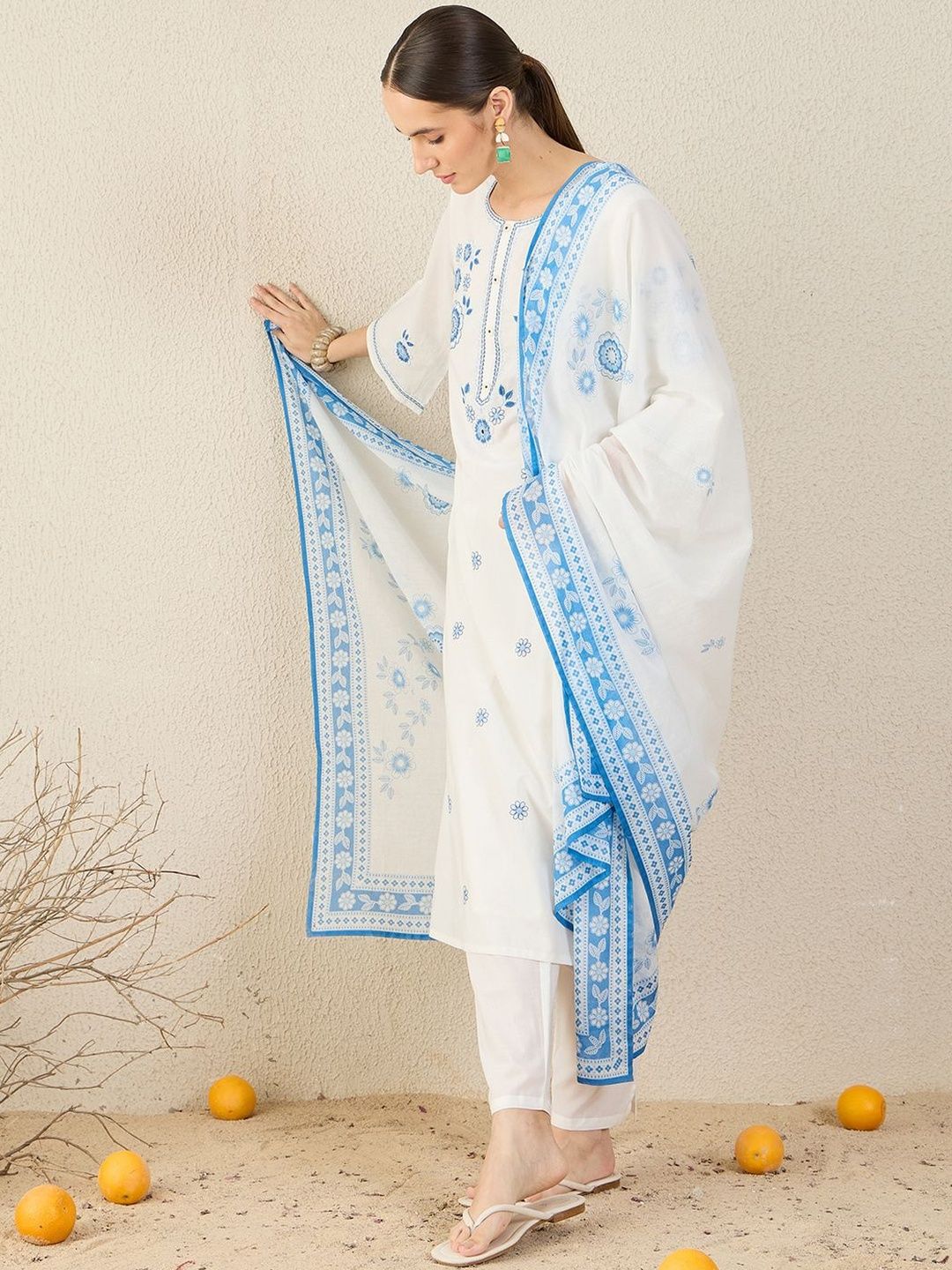 Dhiyona IE Floral Embroidered Thread Work Straight Pure Cotton Kurta & Trouser With Dupatta