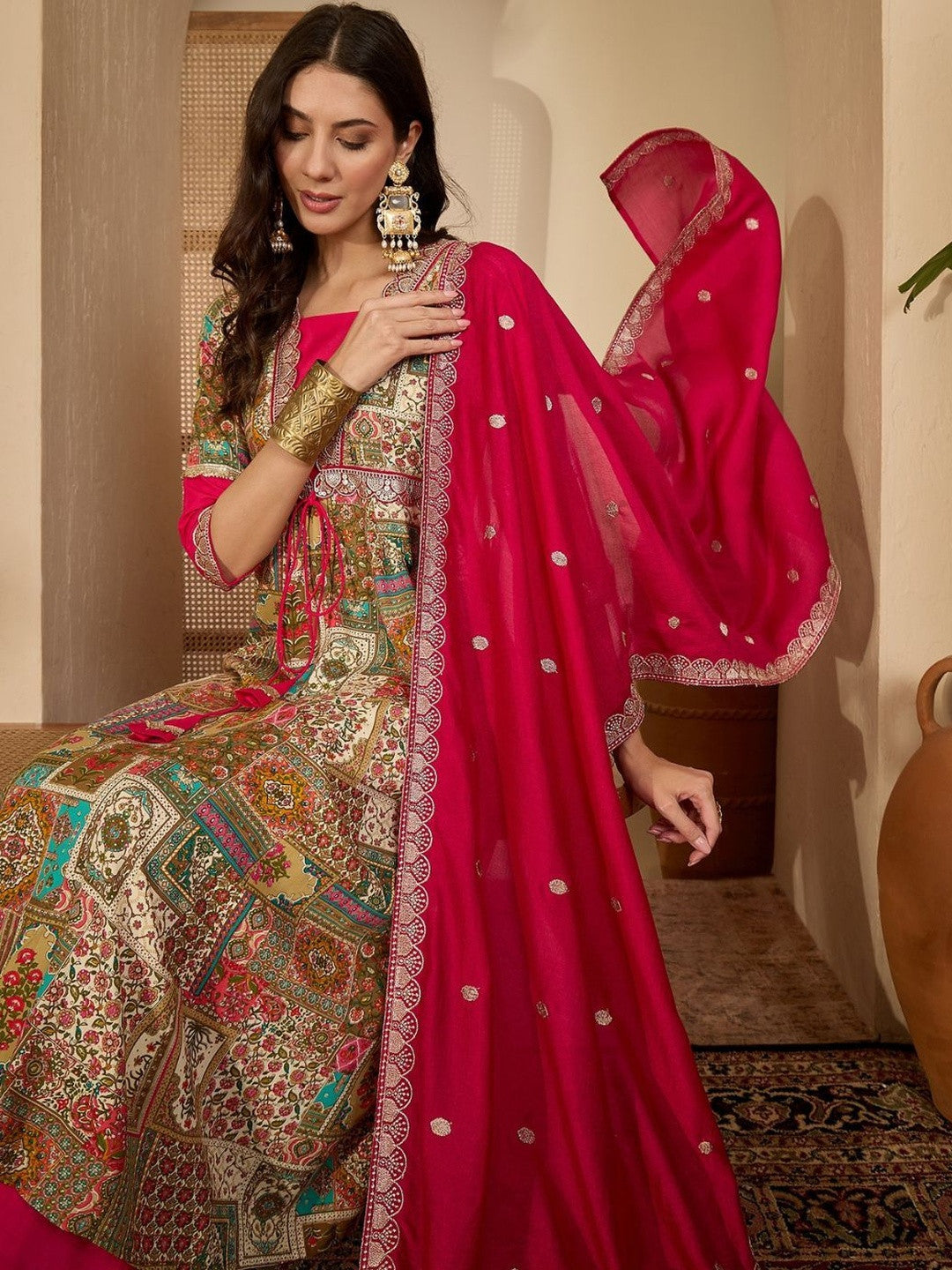 Embroidered V-Neck Anarkali Kurta & Palazzos With Dupatta