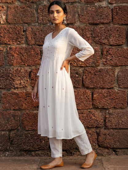 Embroidered V-Neck Kurta & Trousers