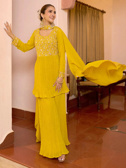 Women's LB Art Mustard Embroidered Georgette A-Line Kurta With Sharara & Dupatta