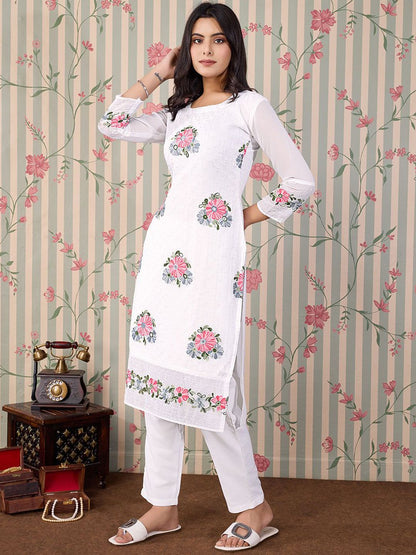 Dhiyona OD  Floral Embroidered Thread Work Floral Georgette Straight Kurta