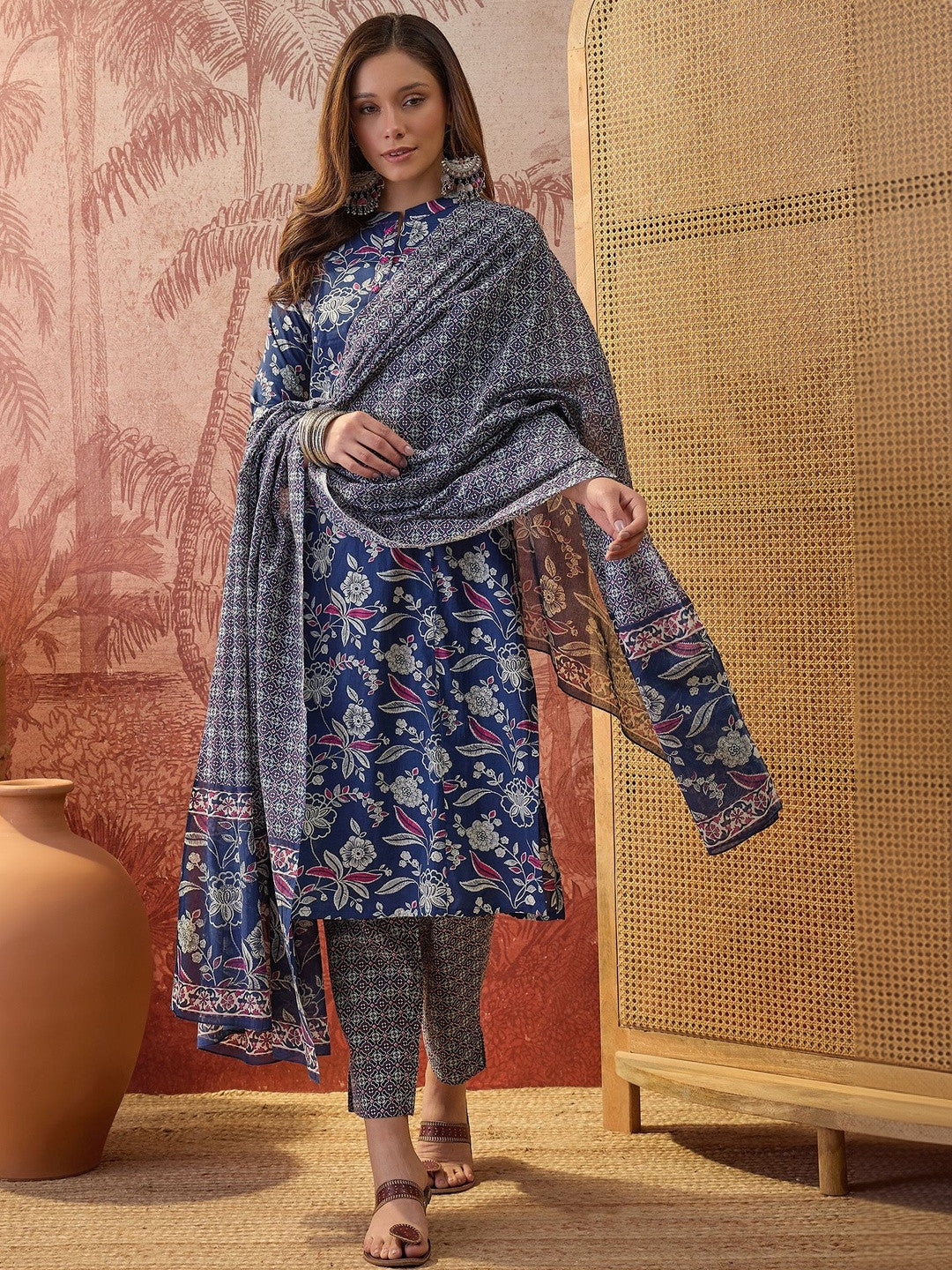 Dhiyona SN Printed Pure Cotton Mandarin Collar Kurta & Trousers Kurta Sets