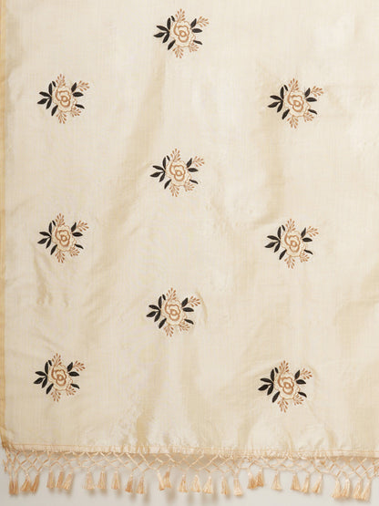 Women's Silk Blend Cream Embroidered Designer Saree With Blouse Piece