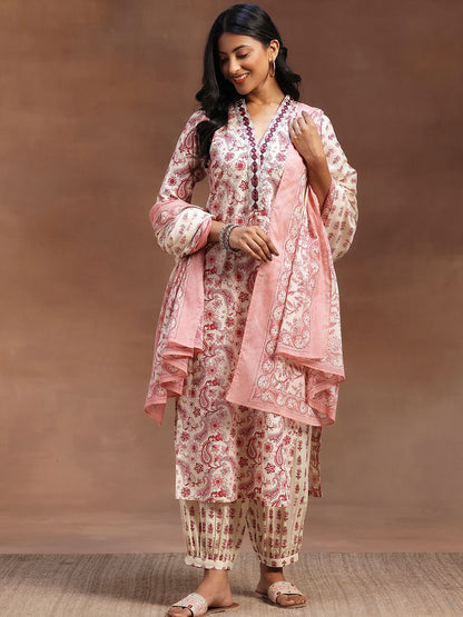Floral Printed V-Neck Sequinned Pure Cotton Straight Kurta with Salwar & Dupatta