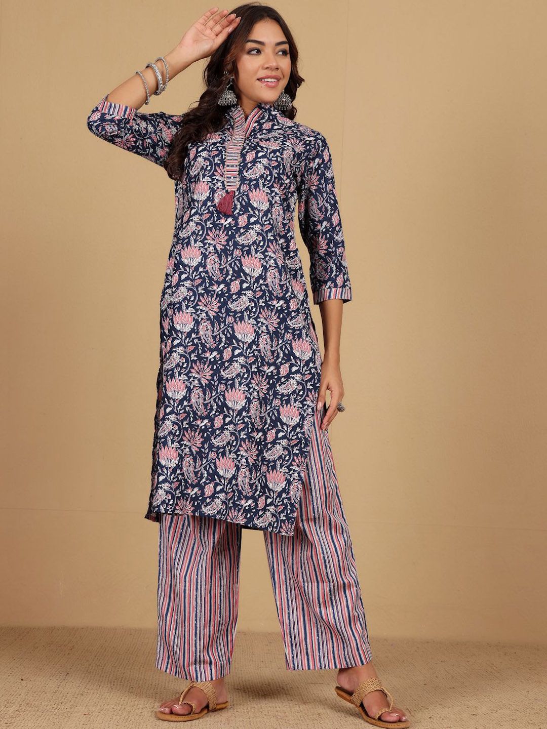 Navy Blue Women Floral Printed Straight Kurta with Palazzo & Dupatta