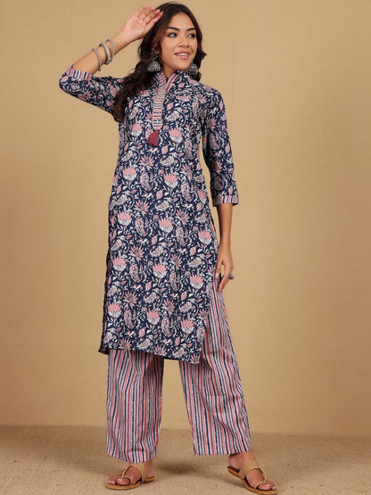 Navy Blue Women Floral Printed Straight Kurta with Palazzo & Dupatta