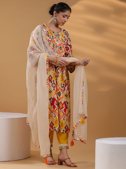 Dhiyona RR Women's Ethnic Motifs Printed Pure Cotton Straigt Kurta With Trousers & Dupatta