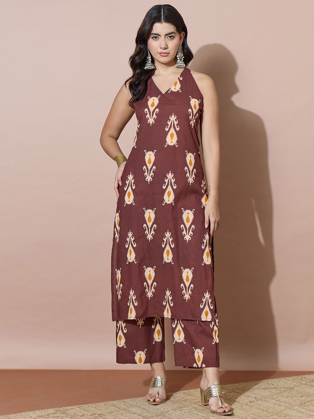 Brown Women Floral Printed Regular Kurta with Palazzos