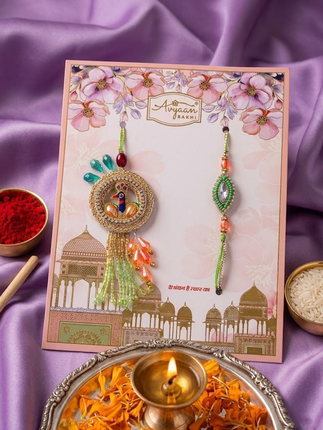 Dhiyona Set Of 2 Artificial Stones Designer Bhaiya Bhabhi Rakhi With Roli Chawal Chandan